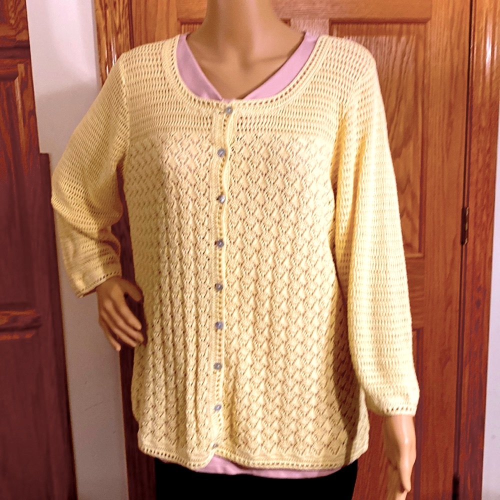 L.L.Bean canary yellow button front crocheted sweater with 3/4 sleeves.